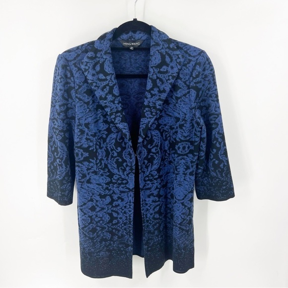 ✅ Ming Wang Floral Pattern Intarsia Knit Jacket Spectrum Blue/Black size Small - Picture 2 of 8